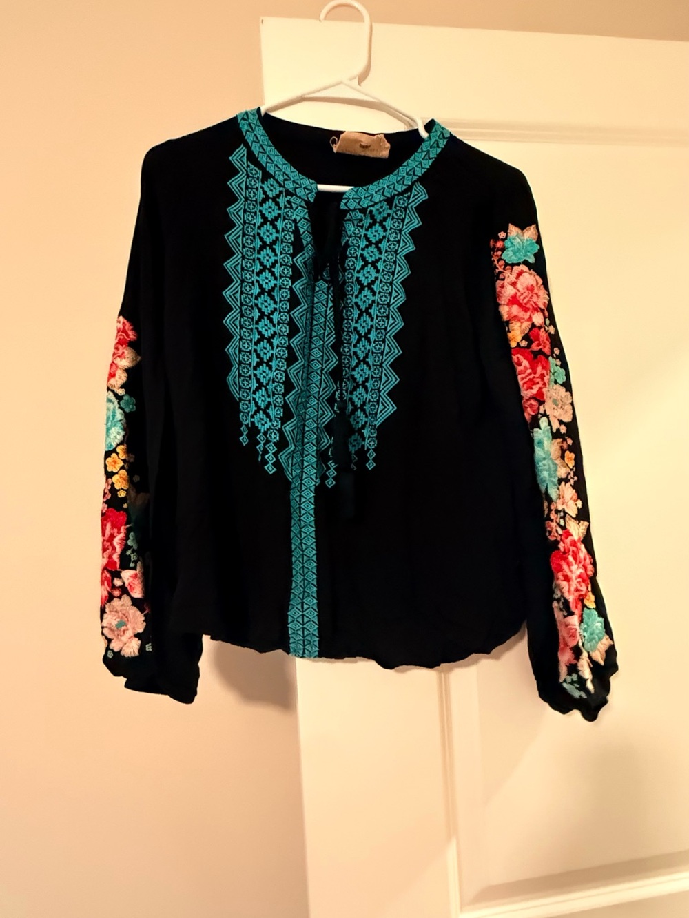 Savanna Jane Black Blouse with Turquoise Embroidery and Floral Sleeves - Picture 4 of 6